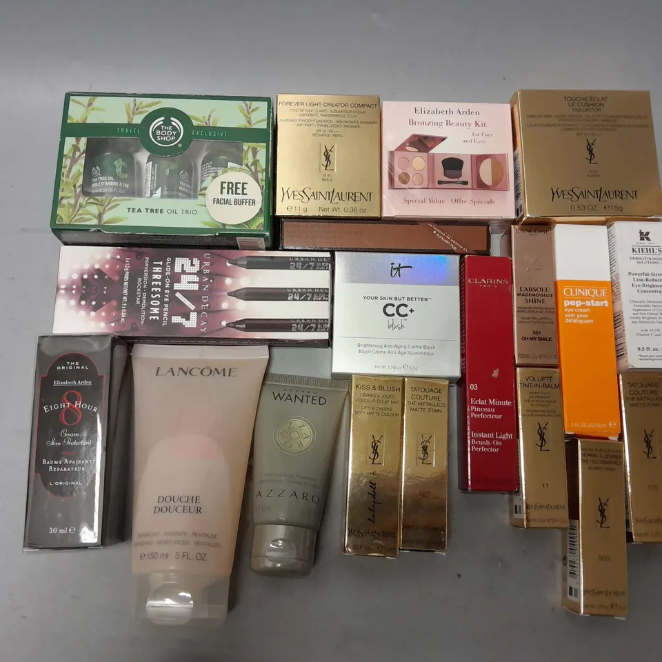BOX OF ASSORTED MAKEUP AND HEAL AND BEAUTY ITEMS TOO INCLUDE YSL COTURE , LANCOME MOISTURISER , CLARINS PERFECTOR