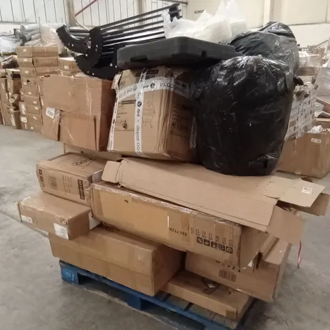 PALLET OF ASSORTED HOUSEHOLD GOODS AND INCOMPLETE FURNITURE PARTS TO INCLUDE; MATTRESS TOPPER, PARASOL BASE, OUTDOOR COOKING ITEM ETC