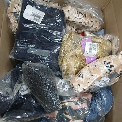 LARGE BOX OF ASSORTED CLOTHING ITEMS IN VARIOUS COLOR, SIZES AND STYLES