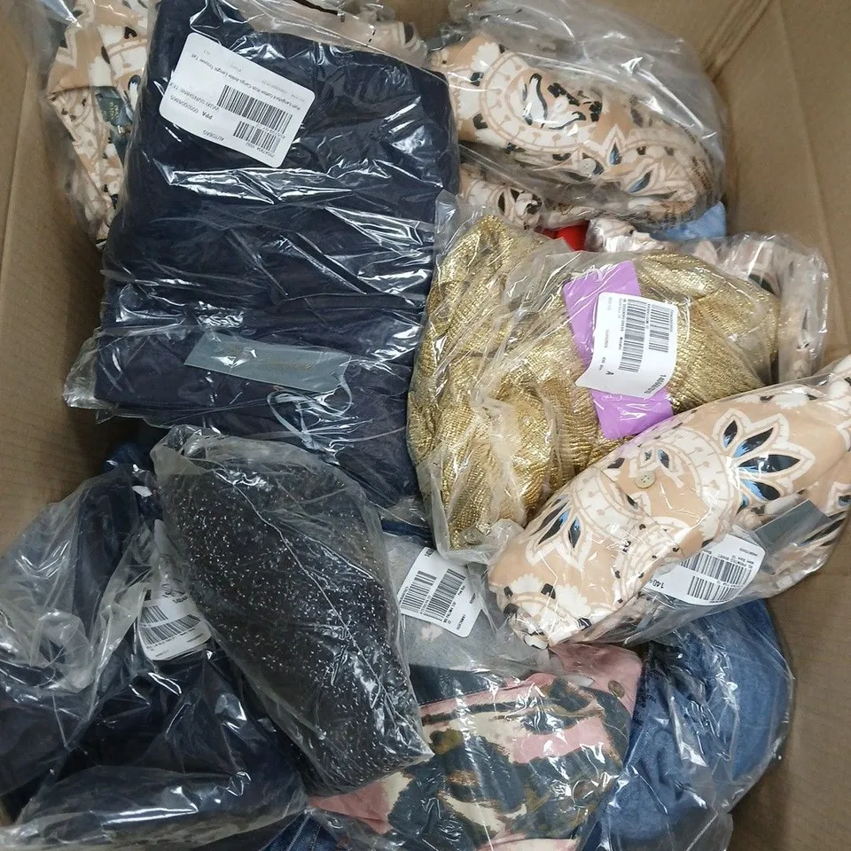 LARGE BOX OF ASSORTED CLOTHING ITEMS IN VARIOUS COLOR, SIZES AND STYLES