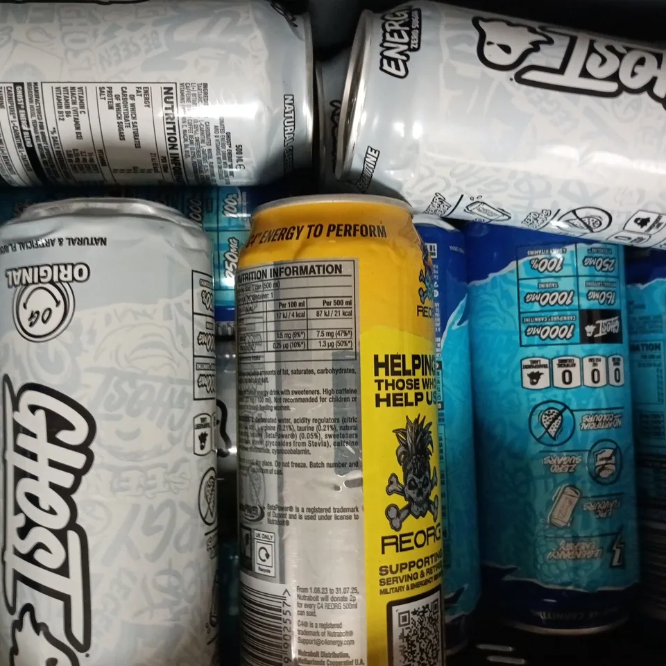 APPROXIMATELY 10 ASSORTED FOOD AND DRINK ITEMS TO INCLUDE GHOST, C4, ETC