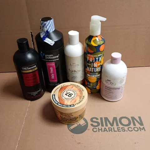APPROXIMATEY 20 ASSORTED HEALTH AND BEAUTY PRODUCTS TO INCLUDE - FAITH IN NATURE BODY WASH - TRESEMME COLOUR SHAMPOO AND GARNIER COCOA BUTTER HAIR FOOD