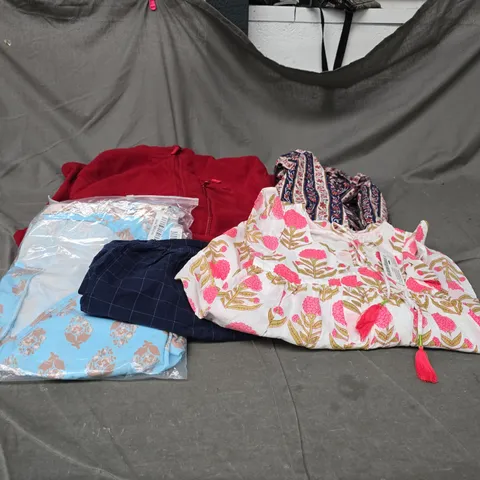 BOX OF APPROXIMATELY 25 ASSORTED CLOTHING ITEMS INCLUDING NORDCAP RED FLEECE, NEXT BOXER SHORTS XL, ALMIRAH PINK FLOWER PATTERN DRESS KIDS AND ANOKHI KOKI GREEK PATTERN KIDS DRESS