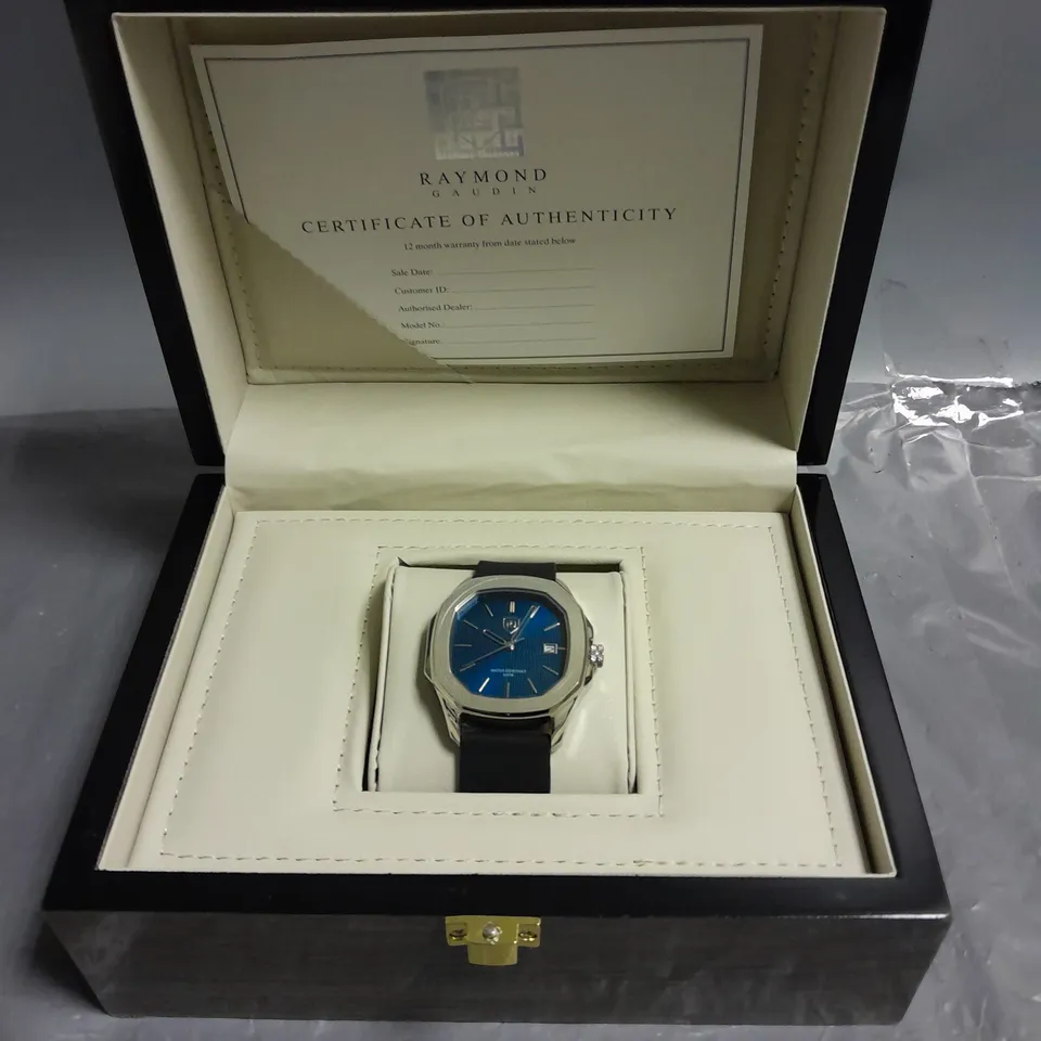 MENS RAYMOND GAUDIN JPN MOVEMENT WATCH WITH 316 STAINLESS STEEL CASE, BLUE DIAL AND RUBBER STRAP IN WOODEN GIFT BOX 