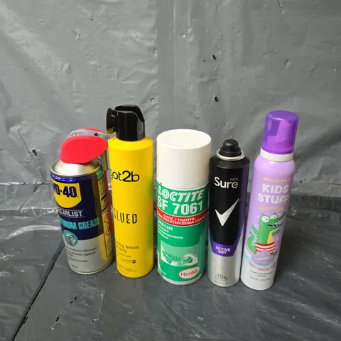 APPROXIMATELY 10 ASSORTED AEROSOLS TO INCLUDE SURE SPRAY , WD40 , HAIRSPRAY , ETC 