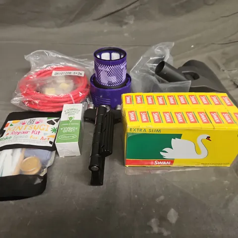 TOTE OF APPROXIMATELY 10 ASSORTED HOUSEHOLD ITEM TO INCLUDE FILTER TIPS, HOOVER PARTS AND CABLES