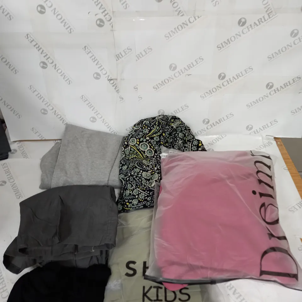 LARGE BOX OF ASSORTED CLOTHING ITEMS IN VARIOUS COLOURS AND SIZES INCLUDING TROUSERS , TOPS AND JUMPERS 