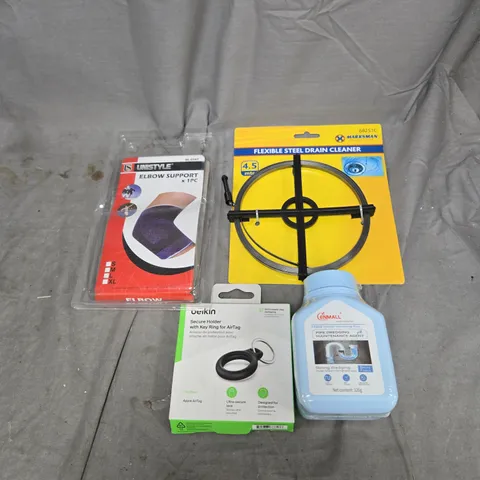 APPROXIMATELY 12 ASSORTED HOUSEHOLD ITEMS TO INCLUDE FLEXIBLE STEEL DRAIN CLEANER, ELBOW SUPPORT, PIPE DREDGING AGENT, BELKIN SECURE HOLDER ETC