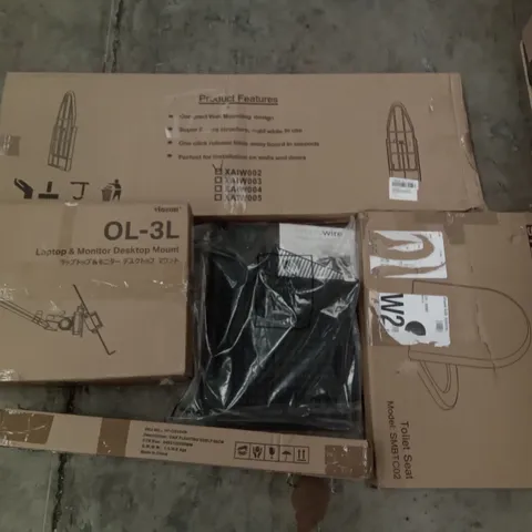 PALLET OF ASSORTED ITEMS INCLUDING STOREMIC TOILET SEAT, WALL MOUNTED IRONING BOARD, VIOZON LAPTOP & MONITOR DESKTOP MOUNT, OAK FLOATING SHELF 60CM, SIMPLY WIRE FOLDING DISH RACK, TURNTABLE SYSTEM