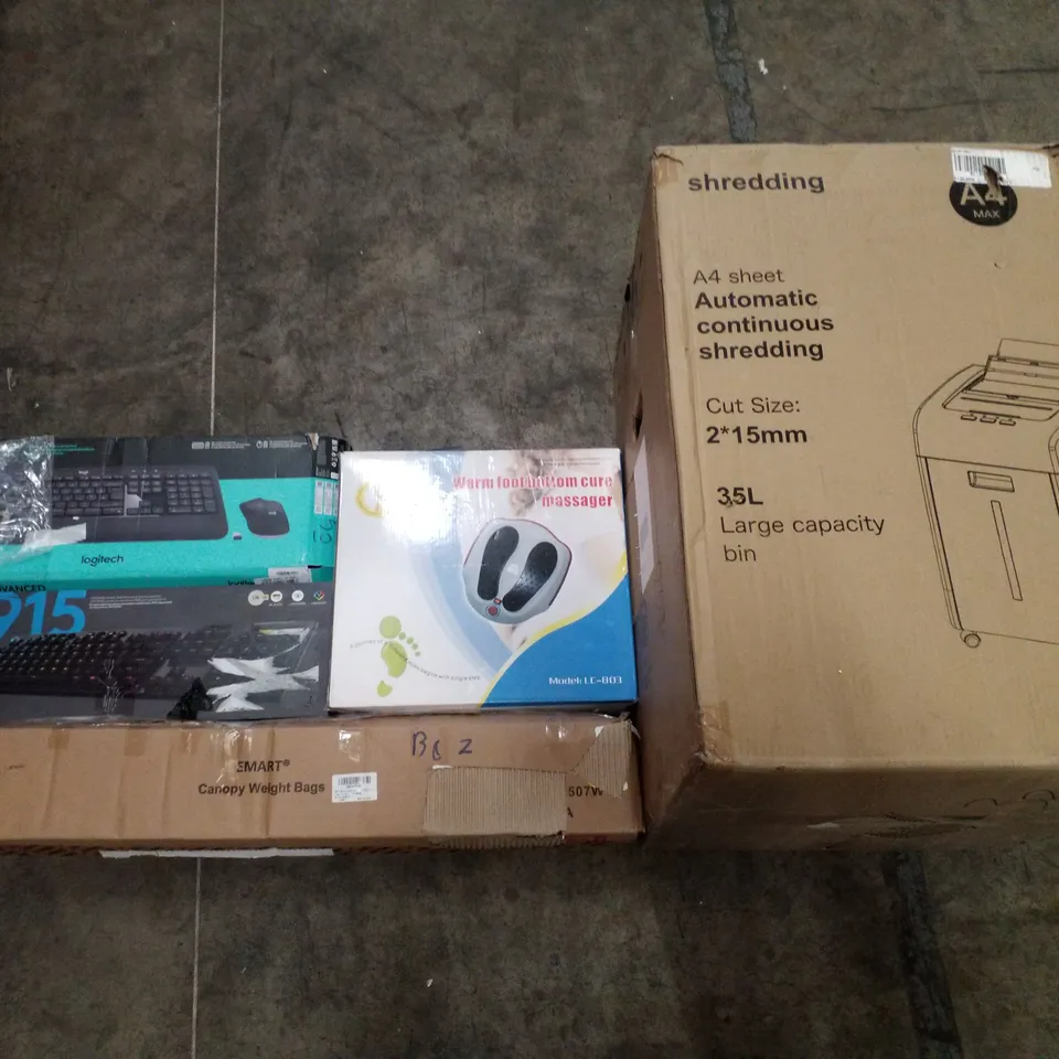PALLET OF ASSORTED PRODUCTS INCLUDING AUTOMATIC CONTINUOUS SHREDDER, FOOT BOTTOM MASSAGER, CANOPY WEIGHT BAGS, KEYBOARDS, COUNTERBALANCE MONITOR ARM