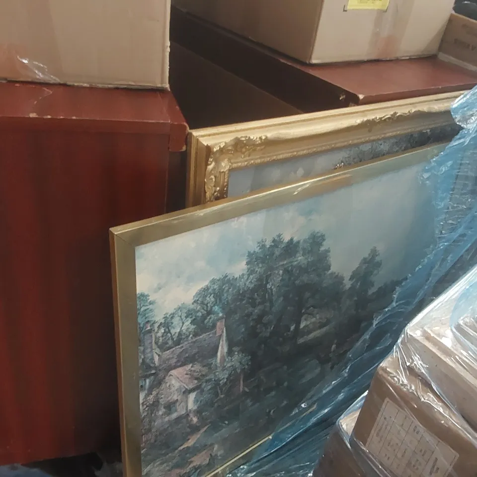 PALLET CONTAINING A VERY LARGE QUANTITY OF ASSORTED ITEMS INCLUDING: PAINTINGS, CABINETS, ASSORTED DVDS ECT