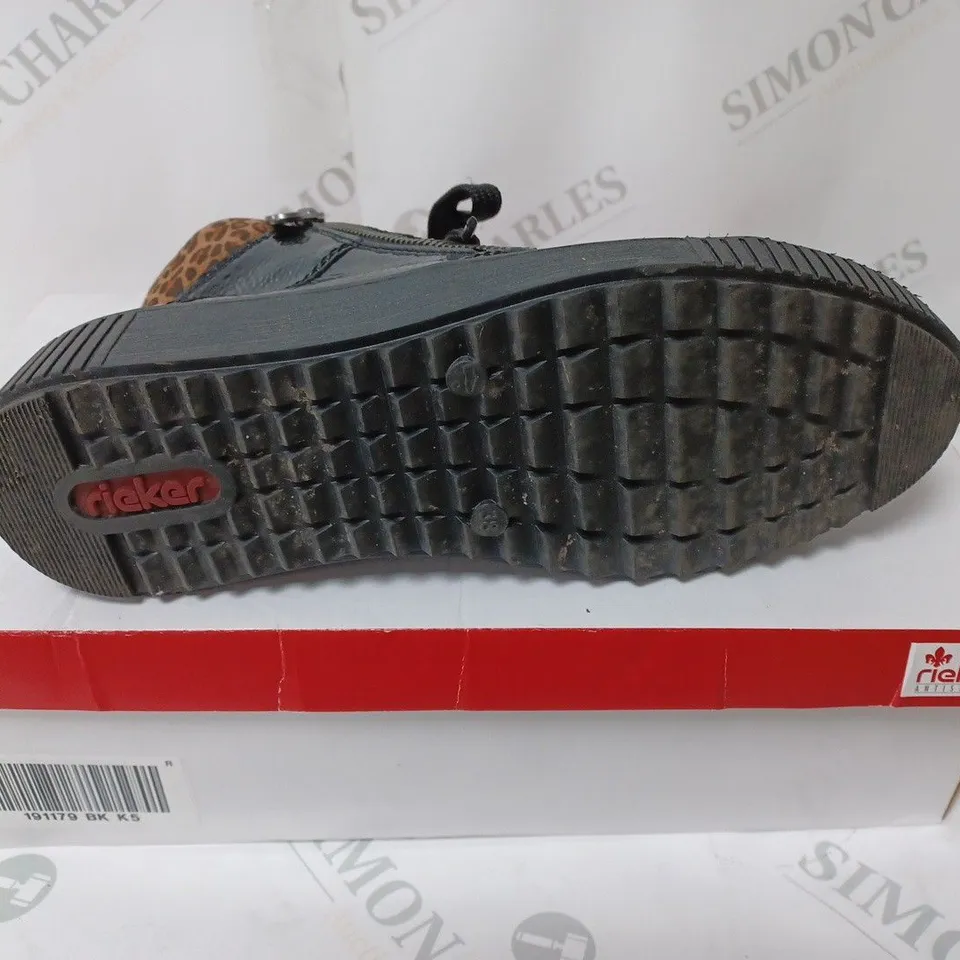 BOXED PAIR OF RIEKER BROWN HIGH TOP LEOPARD CUFF TRAINERS BLACK - SIZE 5 