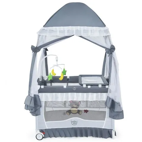 BOXED COSTWAY LIGHTWEIGHT FOLDING PLAYPEN WITH ZIPPER ACCESS DOOR - GREY