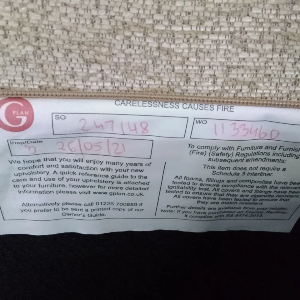 QUALITY DESIGNER G-PLAN SEATTLE 2.5 SEATER ELECTRIC RECLINER DBL SOFA - BOUCLE JUTE FABRIC