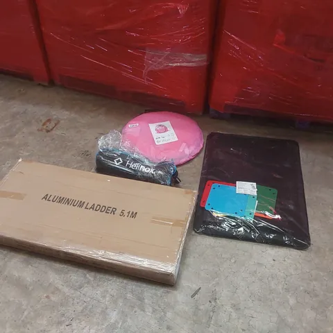 PALLET CONTAINING A LARGE QUANTITY OF ASSORTED ITEMS INCLUDING: ALUMINIUM 5.1M LADDER, UNICORN TENT, HELINOX OUTDOOR ADVENTURE EQUIPMENT, JIGSAW BOARD ECT