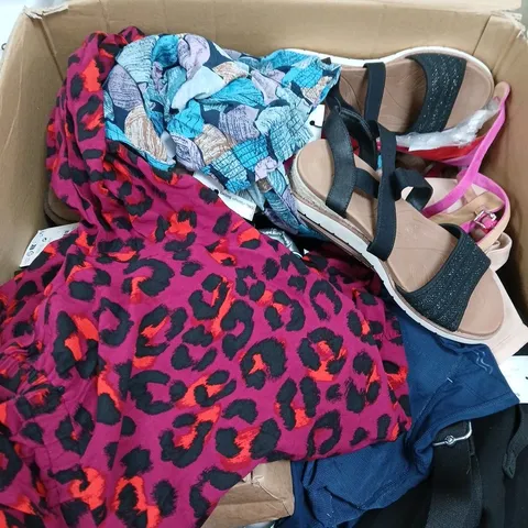 LARGE BOX OF ASSORTD CLOTHING AND SHOE ITEMS 