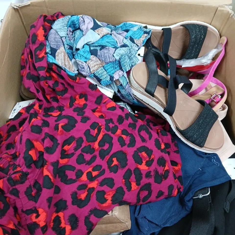 LARGE BOX OF ASSORTD CLOTHING AND SHOE ITEMS 