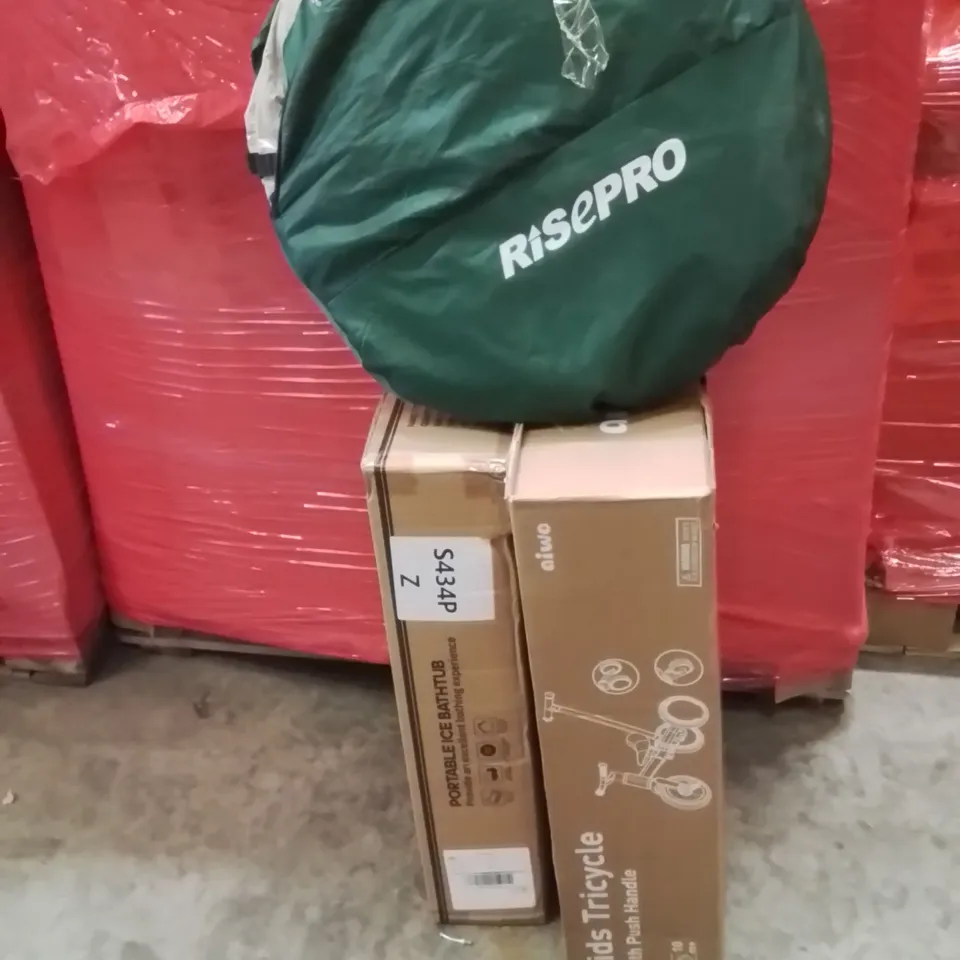 PALLET OF ASSORTED HOUSEHOLD GOODS AND PRODUCTS TO INCLUDE;KIDS TRICYCLE,PORTABLE ICE BATHTUB,POP UP TENT