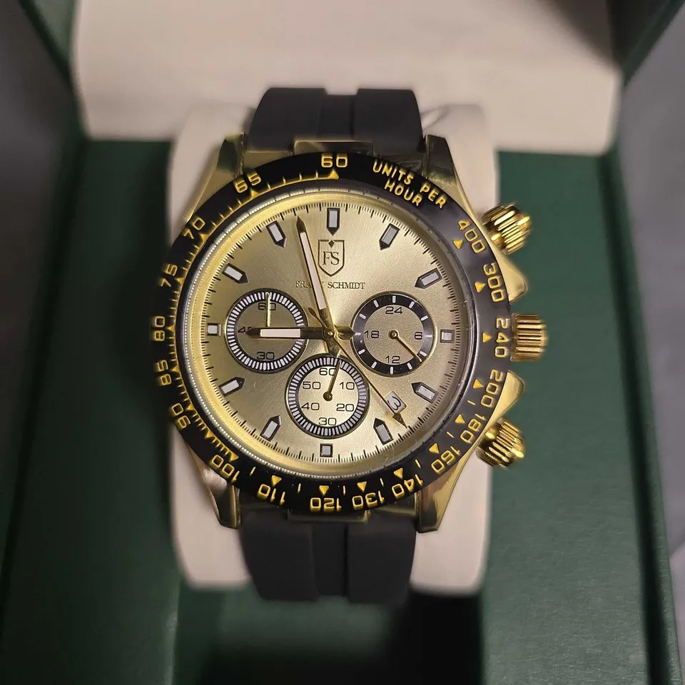BOXED FRANK SCHMIDT MENS GOLD DIAL CHRONOGRAPH WATCH WITH BLACK RUBBER STRAP 