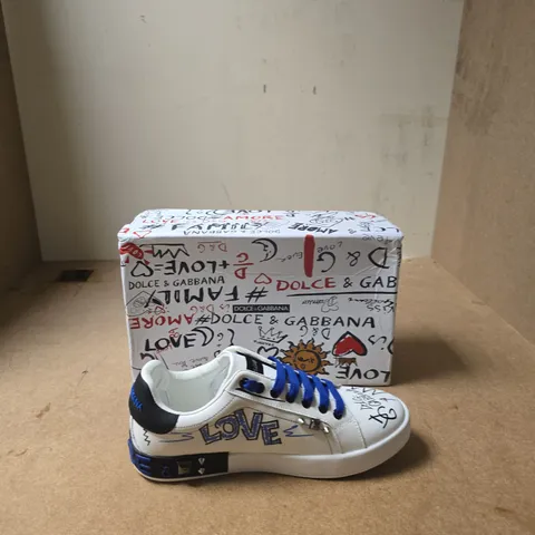 DOLCE & GABBANA WHITE LEATHER SNEAKERS WITH BLUE LACES – GRAFFITI PRINT, MILANO - BOXED - EUR SIZE 43