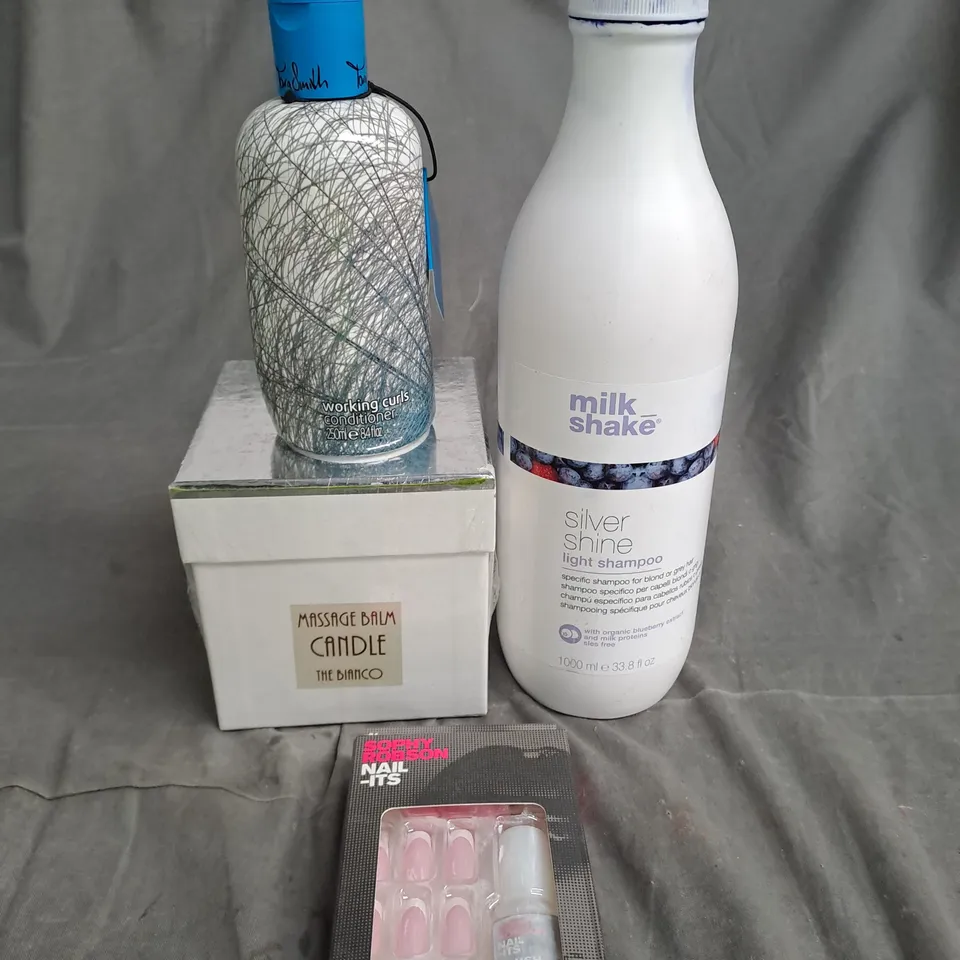 LOT OF APPROXIMATELY 10 BEAUTY AND FRAGRANCE PRODUCTS TO INCLUDE MILK SHAKE SHAMPOO, MASSAGE BALM CANDLE AND PRESS ON NAILS