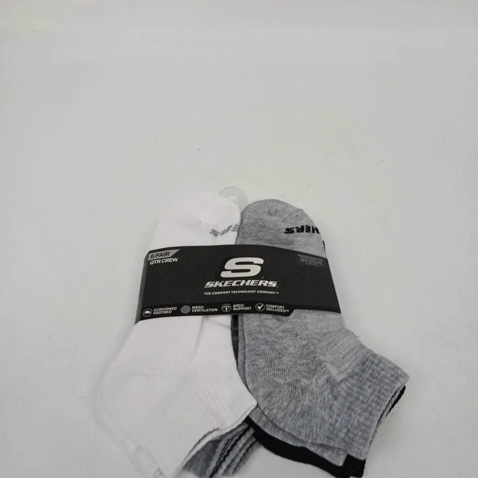 SKECHERS 6 PAIR CREW SOCKS – WHITE & GREY - UK SIZE 7 - 10 