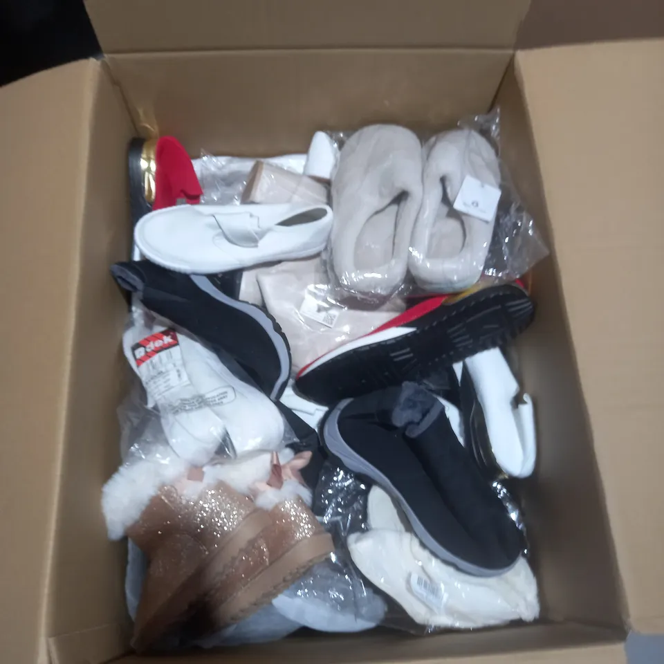 BOX OF APPROXIMATELY 10 ASSORTED PAIRS OF SHOES AND FOOTWEAR ITEMS IN VARIOUS STYLES AND SIZES TO INCLUDE COTTON TRADERS, PRIMARK ETC ETC