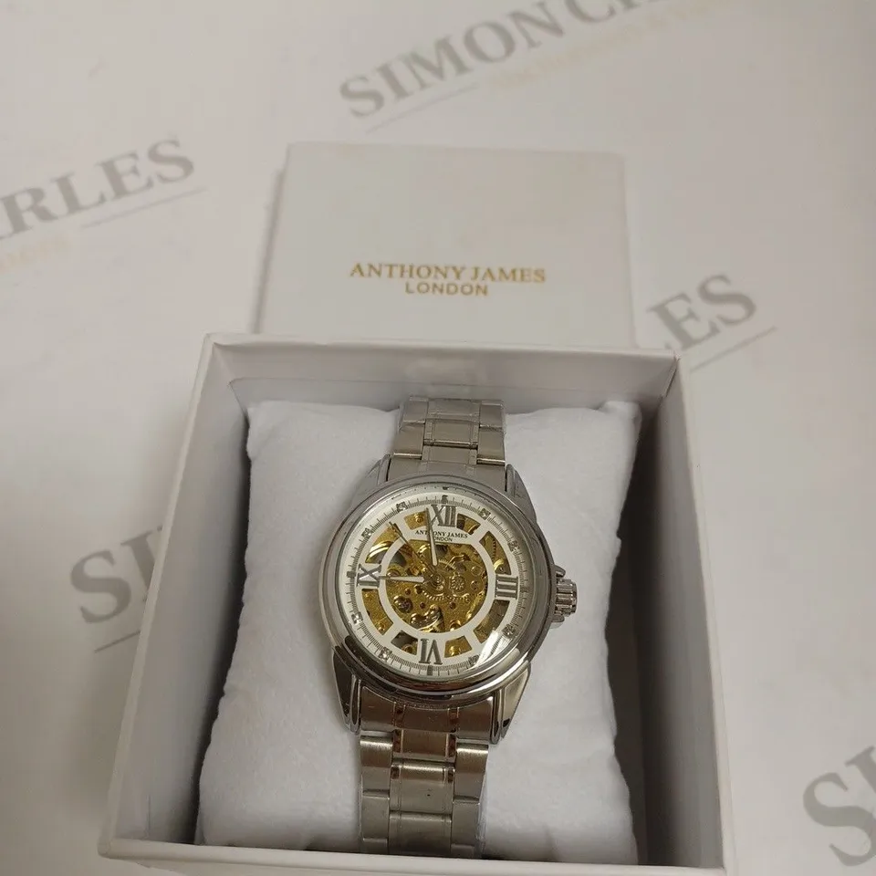 BOXED ANTHONY JAMES GENTS LIMITED EDITION SKELETON AUTOMATIC  STAINLESS STEEL WATCH - SILVER