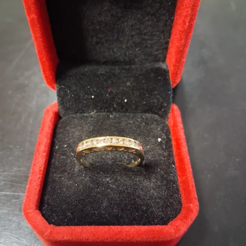 9CT YELLOW GOLD HALF ETERNITY RING WITH HEART MOTIFS, CHANNEL-SET WITH NATURAL DIAMONDS