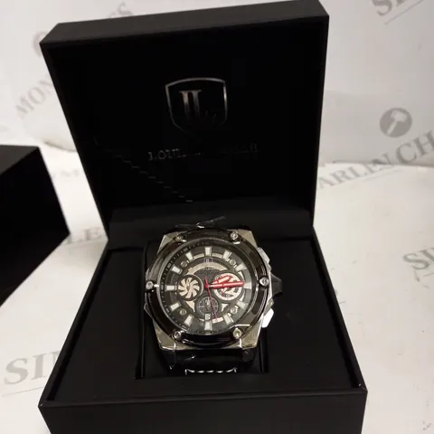 MENS LOUIS LACOMBE CHRONOGRAPH WATCH BLACK DIAL BLACK LEATHER STRAP