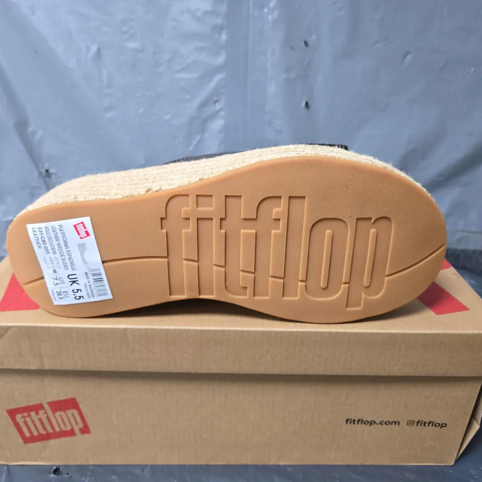 BOXED PAIR OF FITFLOP PLATFORMS ESPADRILLE LEATHER WEDGE SLIDES IN METALLIC CHOCOLATE BROWN - UK 5.5