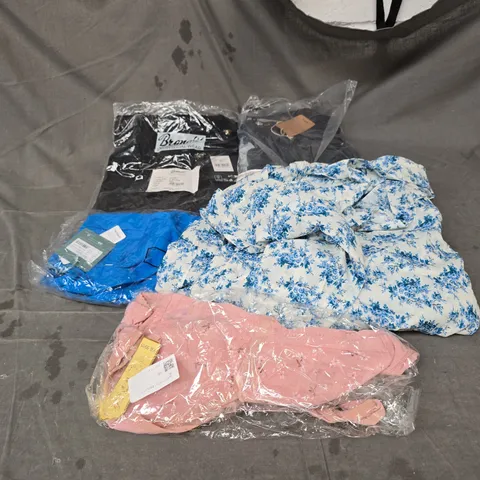 BOX OF APPROXIMATELY 30 ASSORTED CLOTHING ITEMS INCLUDING HYOSUNG LARA PLUNGE SWIMSUIT 32JJ UK SIZE, BRANDIT 5XL BLACK T SHIRTS, DOEN BLUE FLORAL DRESS SMALL AND BLUE DENIM JEANS SIZE 30