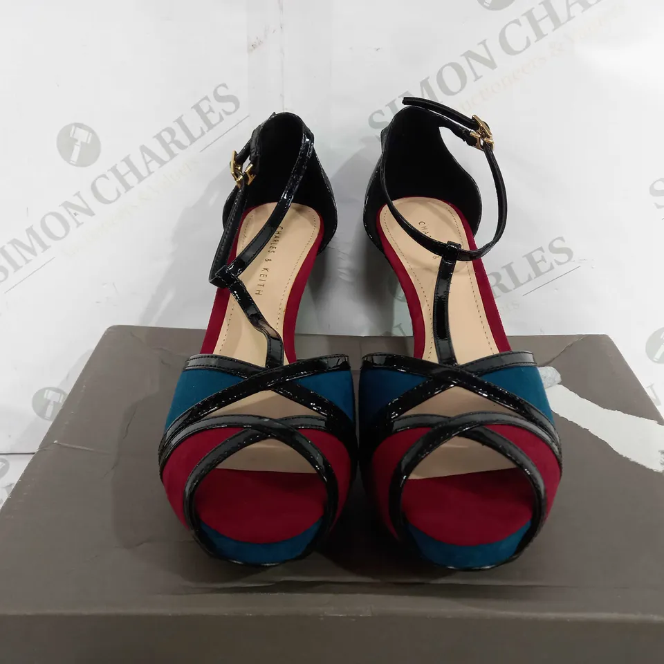 BOXED PAIR OF CHARLES KEITH FAUX SUEDE OPEN TOE STILETTO HEELS - TEAL/RED - EU 37