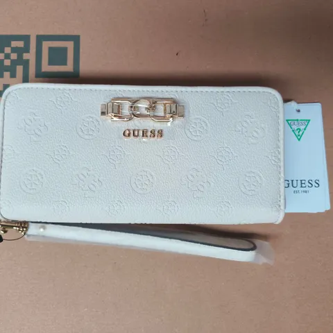 GUESS WHITE EMBOSSED LEATHER WALLET WITH WRIST STRAP