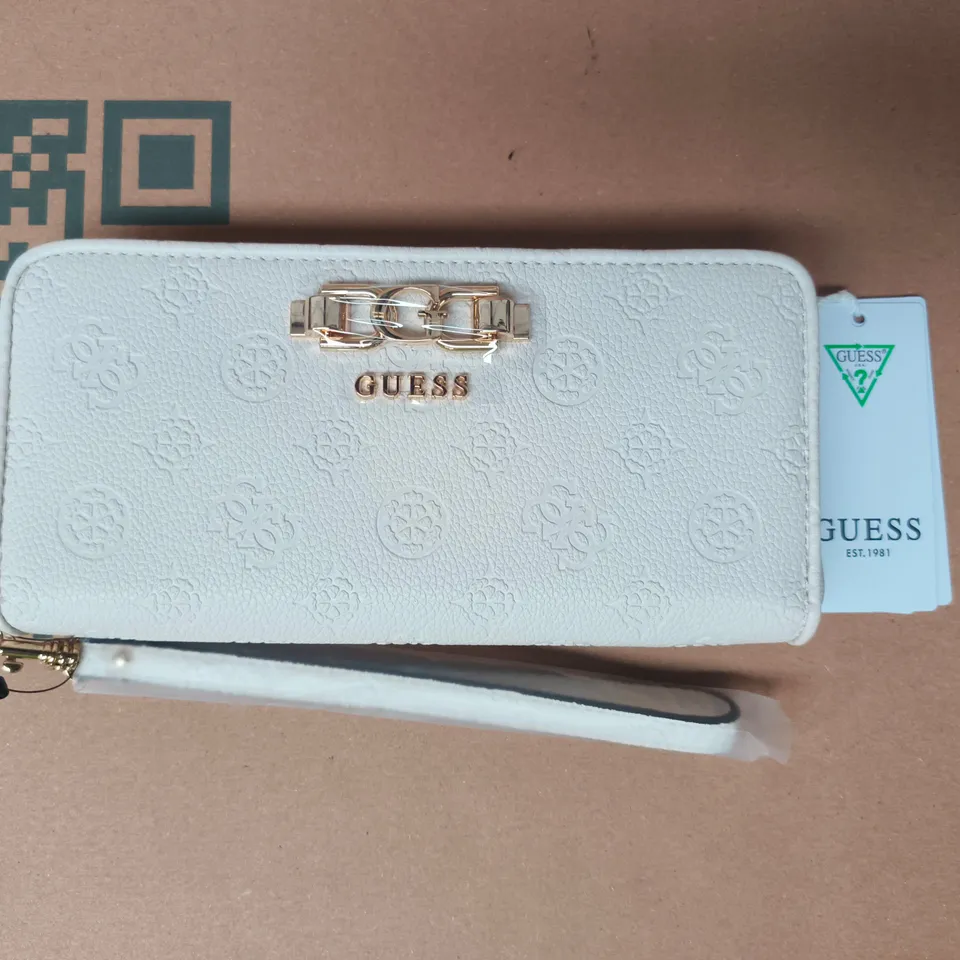 GUESS WHITE EMBOSSED LEATHER WALLET WITH WRIST STRAP