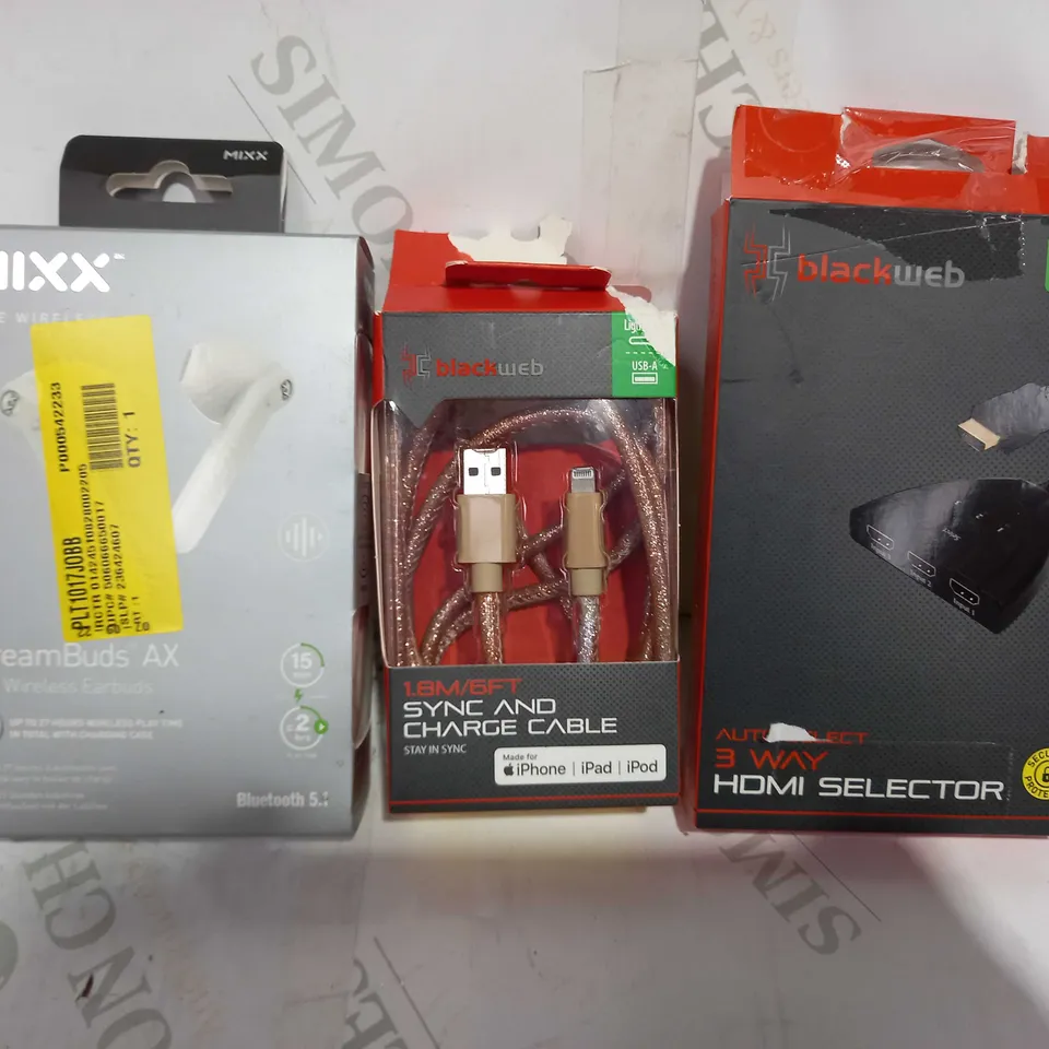 LOT OF APPROXIMATELY 20 ASSORTED HOUSEHOLD ITEMS TO INCLUDE MIXX STREAMBUDS AX TRUE WIRELESS EARBUDS, BLACKWEB SYNC AND CHARGE CABLE, BLACKWEB 3-WAY HDMI SELECTOR, ETC
