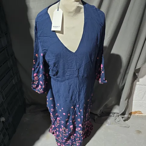 SEASALT CORNWALL HIGH WOODS DRESS IN WINDING WILDFLOWER MARITIME IN NAVY - UK 16
