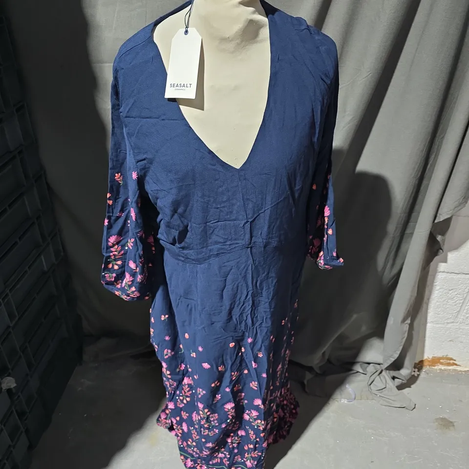 SEASALT CORNWALL HIGH WOODS DRESS IN WINDING WILDFLOWER MARITIME IN NAVY - UK 16