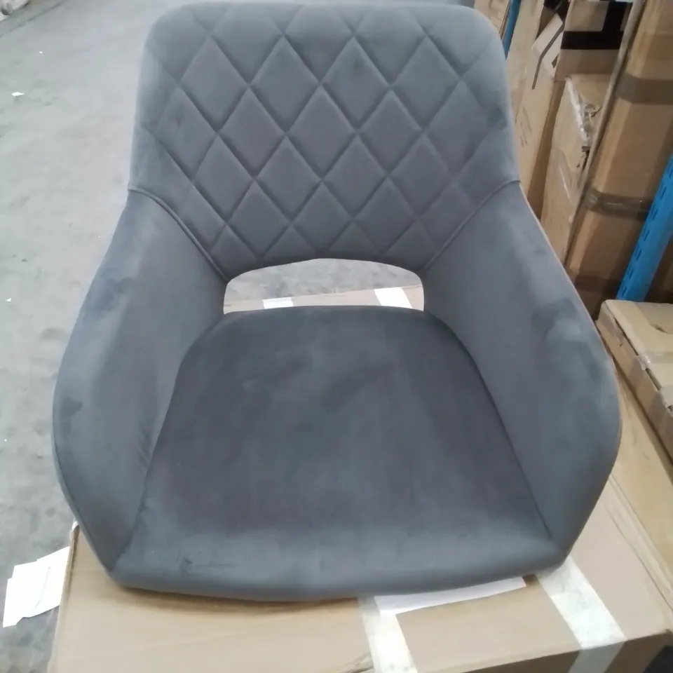 A BOXED PAIR OF DARK GREY SOFT VELVET UPHOLSTERED CHAIRS (1 BOX)