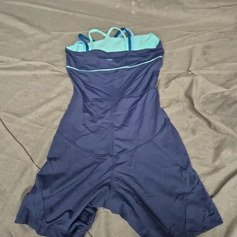 QUEEN B ATHLETICS WOMENS NAVY ONE-PIECE SWIMSUIT / BODYSUIT – AQUA INTERIOR, SIZE M/M 