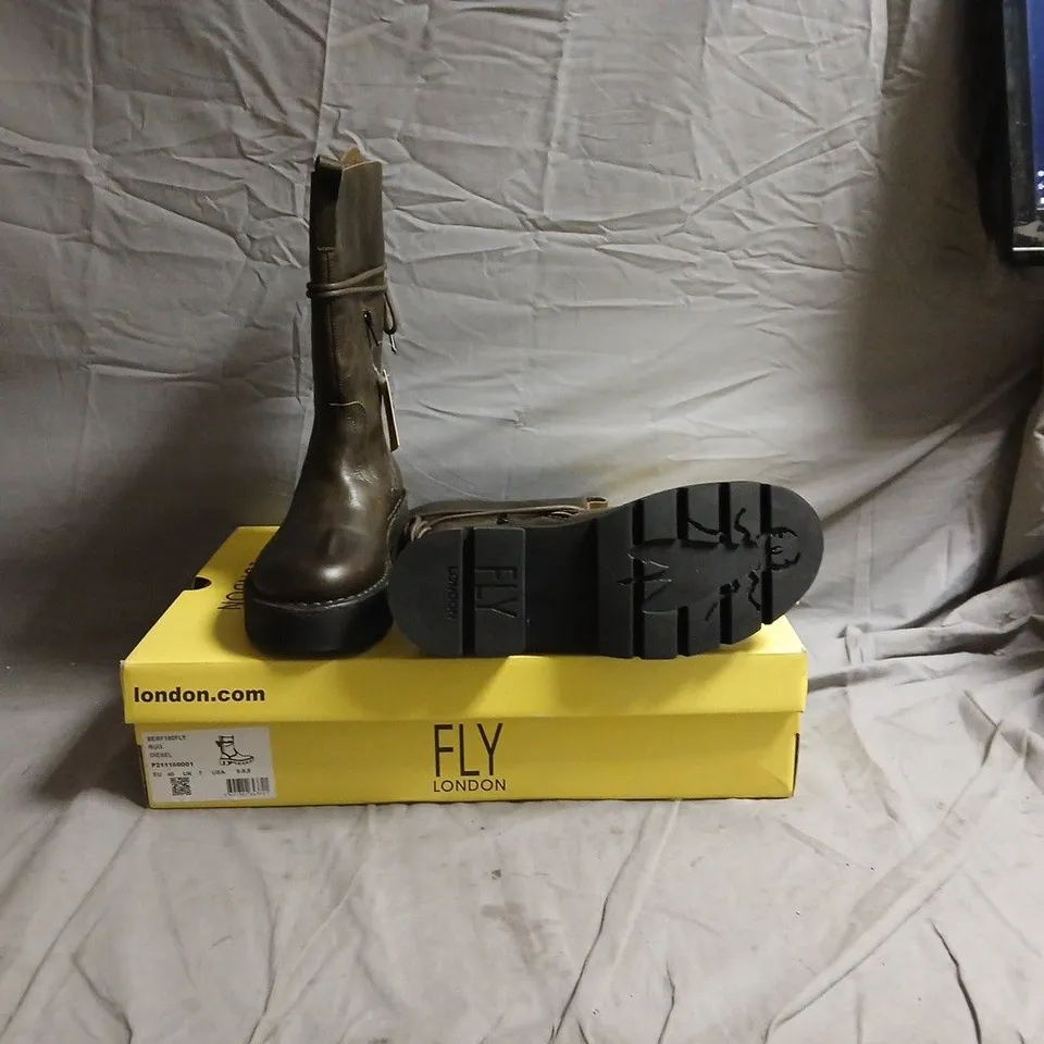 FLY LONDON BROWN LEATHER MID-CALF BOOTS ON YELLOW FLY LONDON BOX