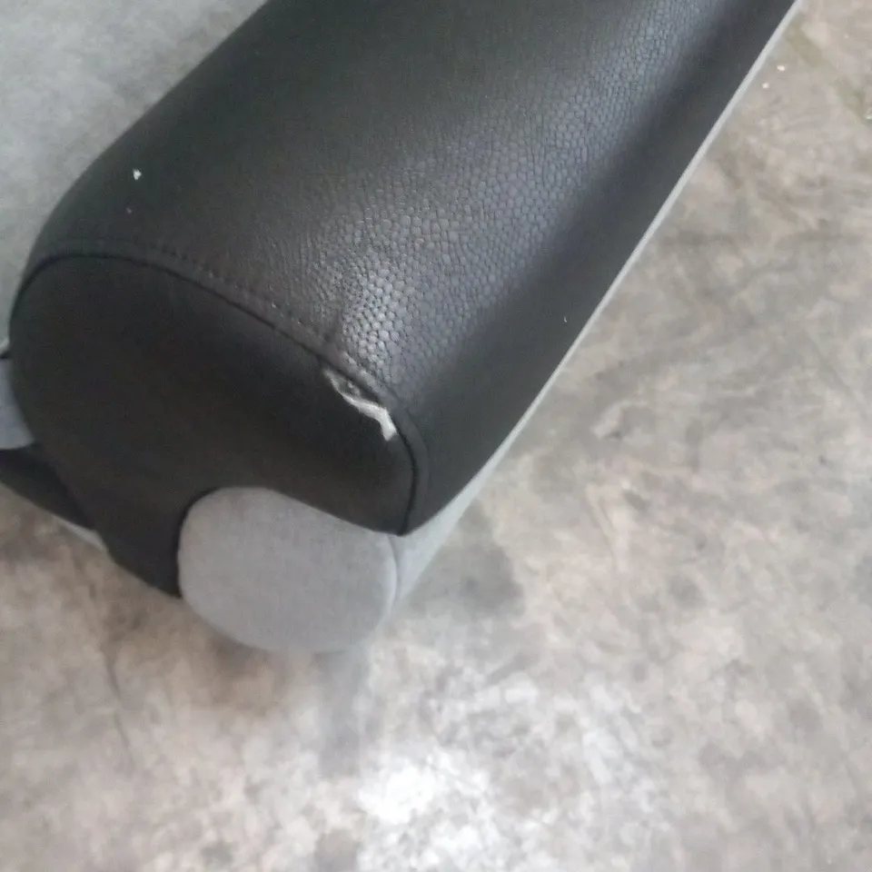 DESIGNER GREY FABRIC AND BLACK SUEDE EFFECT TWO SEATER SOFA WITH SCATTER CUSHIONS