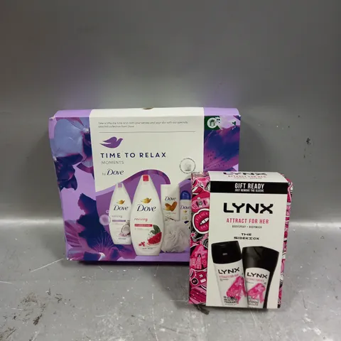 LOT OF 2 ASSORTED COSMETIC BOXSETS TO INCLUDE - DOVE TIME TO RELAX COLLECTION - LYNX ATTRACT FOR HER BODY COLLECTION