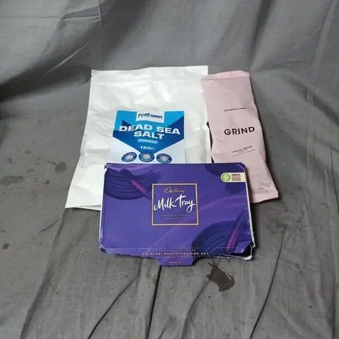 APPROXIMATELY 8 ASSORTED ITEMS OF FOOD AND DRINK INCLUDING GRIND HOUSE BLEND COFFEE 227G, PURE SOURCE DEAD SEA SALT 1KG AND CADBURY MILK TRAY SELECTION