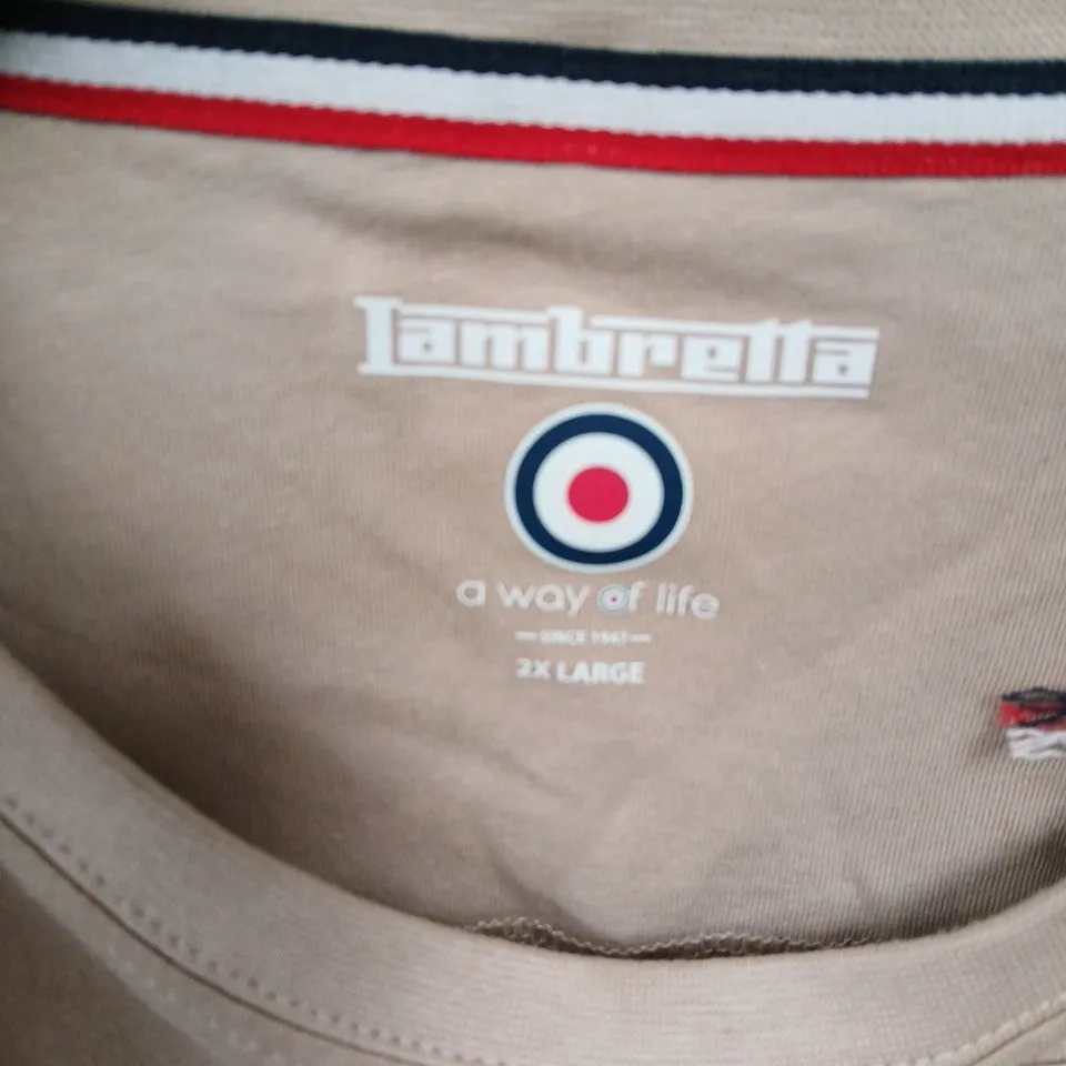 LAMBRETTA T-SHIRT - BEIGE WITH NAVY STRIPES AND 'A WAY OF LIFE' LOGO - SIZE 2X LARGE