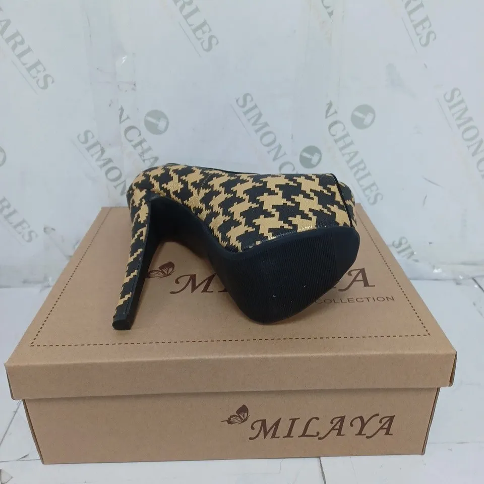 BOXED LOT OF 5 PAIRS OF LADIES MILAYA COLLECTION SHOES. BLACK AND GOLD VARIOUS SIZE