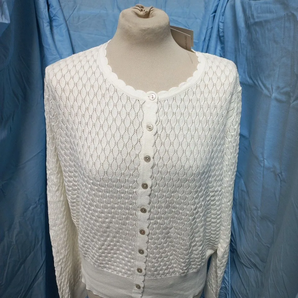 NOBODY'S CHILD WHITE POINTELLE CREW NECK CARDIGAN – UK L