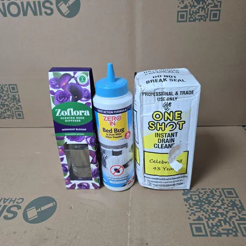 TOTE OF APPROXIMATELY 8 ASSORTED HOUSEHOLD ITEMS TO INCLUDE ONE SHOT INSTANT DRAIN CLEANER, ZERO IN BED BUG, ZOFLORA ETC