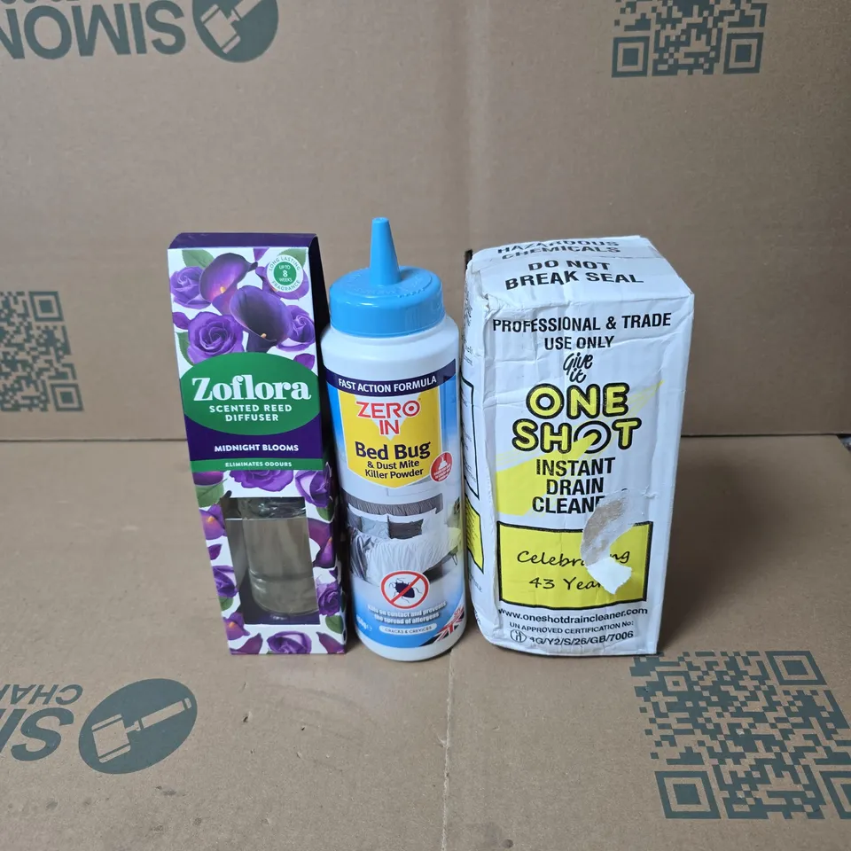 TOTE OF APPROXIMATELY 8 ASSORTED HOUSEHOLD ITEMS TO INCLUDE ONE SHOT INSTANT DRAIN CLEANER, ZERO IN BED BUG, ZOFLORA ETC