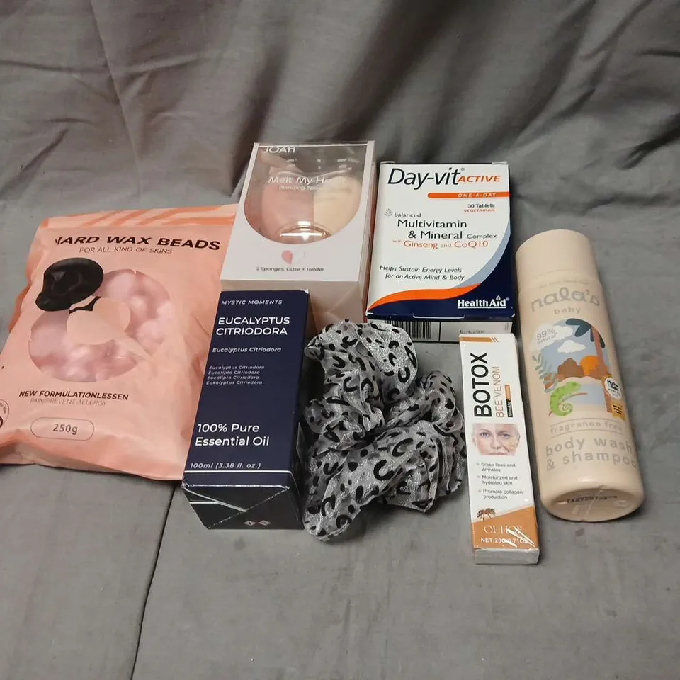BOX OF APPROX 15 ASSORTED HEALTH & BEAUTY ITEMS: DAY-VIT ACTIVE MULTIVITAMINS, EUCALYPTUS CITRIODORA ESSENTIAL OIL, BEE VENOM/BOTOX SERUM, BABY WASH & SHAMPOO, WAX BEADS, LEOPARD PRINT SCARF